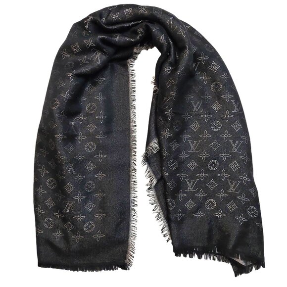 LOUIS VUITTON LV Vintage Black & Silver Cashmere Monogram Scarf Shawl Wrap - Picture 2 of 16